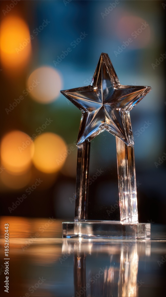 Fototapeta premium Elegant crystal star award trophy reflecting light on a polished surface with bokeh background