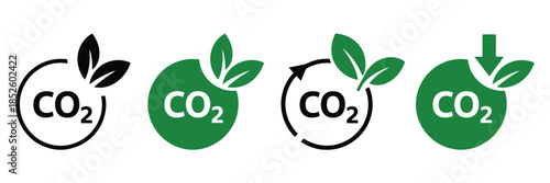Embrace sustainability with CO2 reduction icons, featuring eco-friendly practices, green energy symbols, environmental responsibility graphics