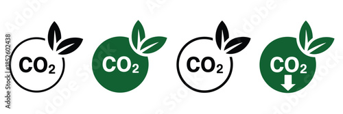 Embrace sustainability with CO2 reduction icons, featuring eco-friendly practices, green energy symbols, environmental responsibility graphics