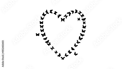 Delicate heart shape formed by a swarm of tiny black butterflies fluttering on a white background