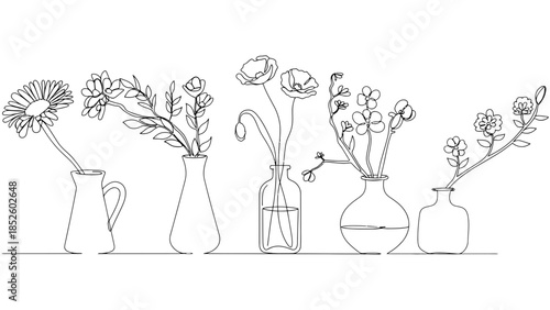 Minimalist line art of diverse flowers in vases, symbolizing natural beauty and simple elegance.