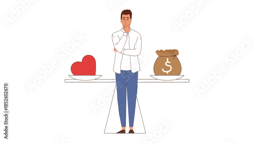 Man thoughtfully considering a choice between love and money on a balanced scale