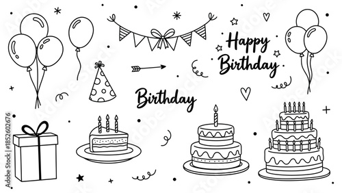 Whimsical hand-drawn birthday elements including cakes, balloons, and festive decorations