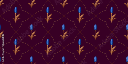 Vector seamless floral pattern with stylized tulips and decorative geometric lines on a deep burgundy background. Suitable for fabric, wallpaper, packaging, stationery, and elegant surface design.