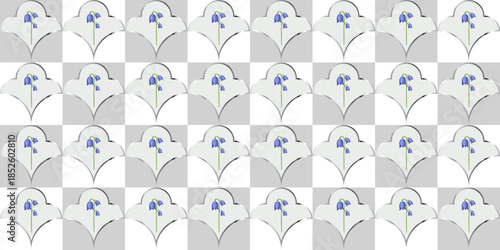 Vector seamless rectangular pattern with repeating spring blue flowers in decorative shapes. Suitable for textiles, wallpaper, packaging, stationery, fabric printing, and surface design.