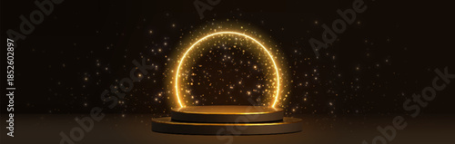 Round stage with golden light circle on black background. Vector realistic illustration of shiny podium for product presentation or award ceremony, luxury pedestal with illumination, show platform