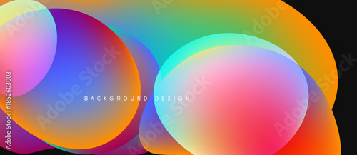 Vibrant overlapping circles create colorful abstract background. Smooth gradients blend pinks, oranges, blues, greens. Modern design element.