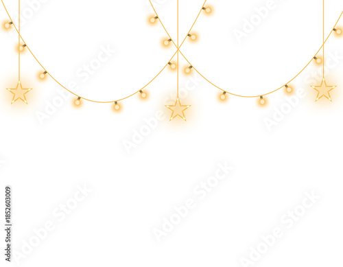 Glowing Golden Hanging Bulb String Lights on Transparent Background