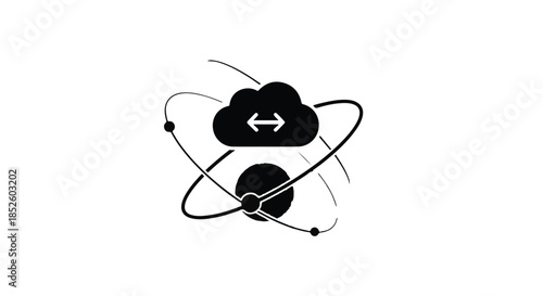 Cloud computing network technology concept with orbiting nodes and data transfer symbol on white background