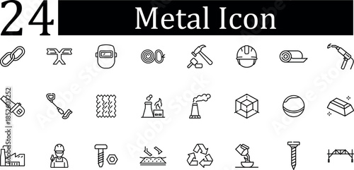 Set of 24 black and white outline icons representing metalworking, industry, construction, and manufacturing concepts isolated on transparent background