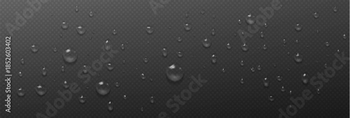 Waterdrop collection with realistic droplets on transparent background. Clear water drops with glossy surface and reflection effect. Isolated rain droplets with shiny liquid texture for fresh design.
