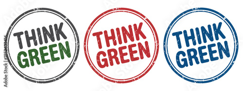 Think green stamp and label set with various eco-friendly signs and rubber stamp icons for organic product certification