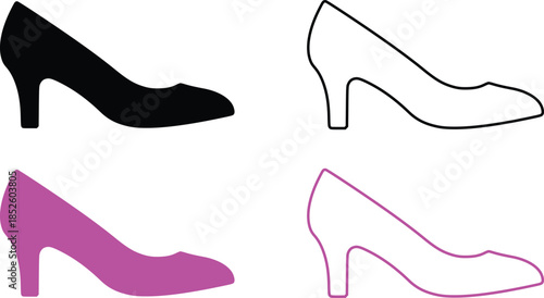 women's classic pump shoes in solid black, pink, and outline variations icon set.