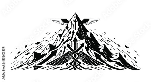 Majestic mountain range landscape with bird in flight abstract illustration for nature and travel concepts with modern artistic style