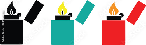 colorful classic lighters with open lids and vibrant flames vector illustration