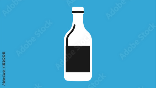 A flat icon of a white bottle with a black label, set against a bright sky-blue horizontal band.