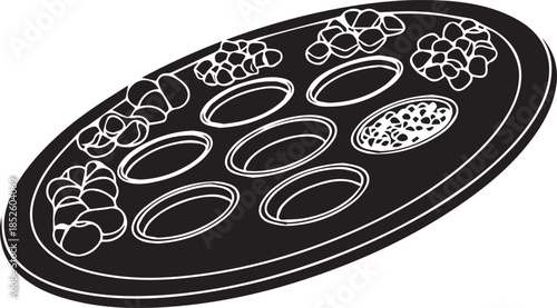 Black oval tray with white decorative patterns