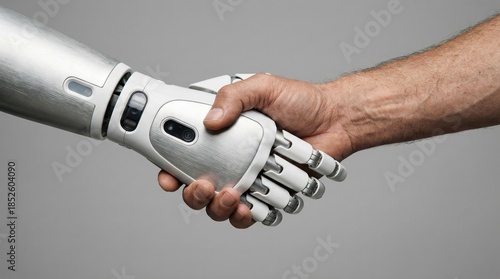 Human-robot interaction handshake between man and machine studio setting digital art close-up perspective embracing technology