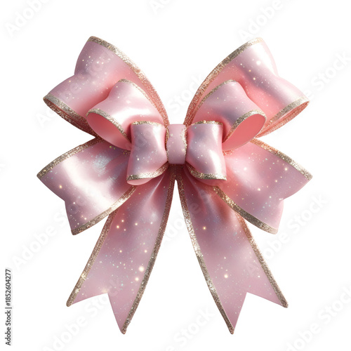 Pink Glitter Ribbon Bow with Transparent Background, Glossy Design Element for Holiday, Birthday. Generative AI