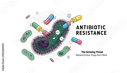 Antibiotic Resistance Concept Illustration with Superbug and Broken Pills