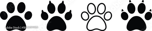 Collection of four stylized paw print icons in black and white on transparent background for representing animals pets and nature themes in graphic design