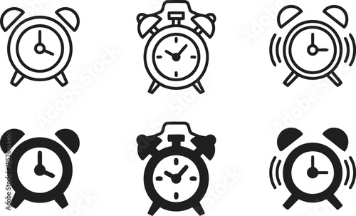 Collection of alarm clock icons in outline and solid black styles featuring silent and ringing variations ideal for time and reminder applications