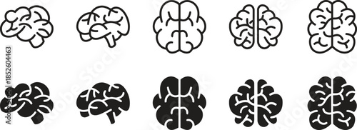 Collection of ten brain icons in various styles, depicting human minds in both outline and solid black filled versions for medical and intellectual concepts