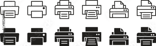 Comprehensive collection of 12 printer icons in both outline and solid styles, depicting various models printing documents, suitable for office technology and business applications