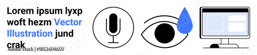 Digital media, technology, visual communication, content creation, design tools, web interfaces. Black microphone, eye with a blue teardrop computer monitor. Media and technology concepts