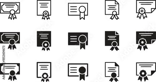 Set of certificate icons featuring various designs with ribbons and seals in outline and solid black perfect for awards, diplomas and achievement recognition