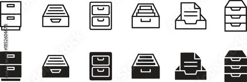 Set of filing cabinet and document tray vector illustration with solid and outline designs displaying organized storage solutions for office documents and paperwork