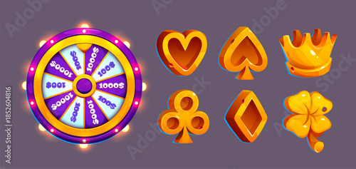 Golden slot machine icons with spinning wheel of fortune - glossy card suits signs, crown and clover leaf. Luxury casino slot roulette with prize sections on purple backdrop and light bulbs.