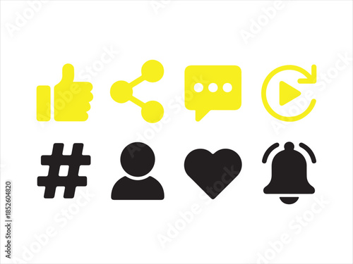Black and white set of social media reaction signs including thumbs up and heart vector symbols. Modern black social media icons set for web and mobile illustration 