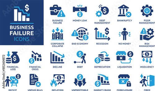 Business failure icons set depicting financial crisis bankruptcy and decline as vector illustrations representing corporate collapse and economic recession concept with risk management