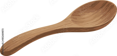 Wooden spoon illustration, hand carved kitchen utensil isolated, rustic cooking tool, natural wood texture, minimal design on white background, vector