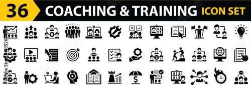 Coaching and Training Icon Set for Business Education Development Online Courses Webinar Workshop Mentoring and Skill Improvement Vector Illustration Flat Design
