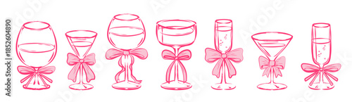 Cocktail glass set with pink bow ribbons - hand drawn martini and wine, champagne and margarita. Elegant cocktail doodles with coquette aesthetic for wedding, bachelorette and valentine party designs.