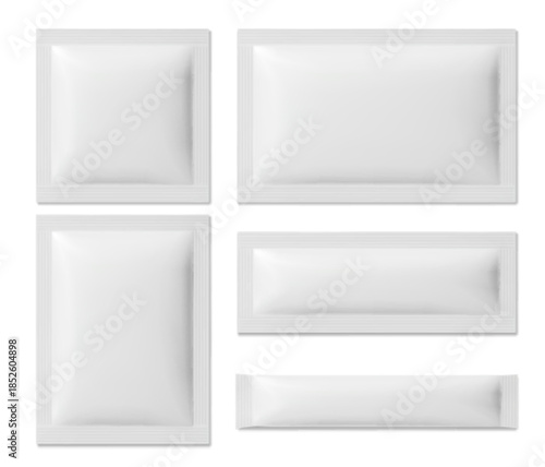Blank sachet mockups set isolated on white background. Vector realistic illustration of square and rectangle sealed paper or plastic bags for cosmetic mask, wipe, sugar, 3d package layout for branding