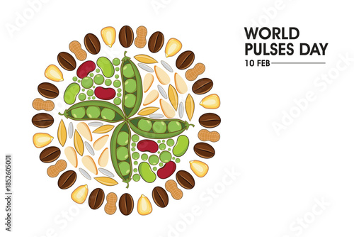 Vector illustration of assorted pulses, beans, grains and legumes arranged in circular pattern for World Pulses Day.