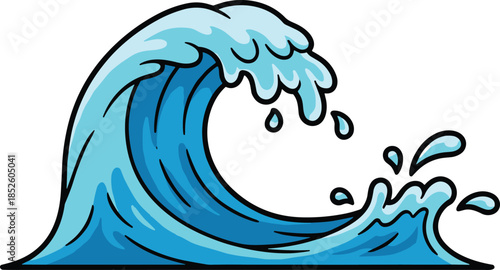 Blue, ocean, wave, cartoon, illustration, with, water, splashes, isolated, on, white, background, sea, surf, ripple, aquatic, nature, vector, graphic, design.