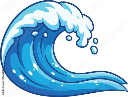 Blue, ocean, wave, cartoon, illustration, with, water, splashes, isolated, on, white, background, sea, surf, ripple, aquatic, nature, vector, graphic, design.