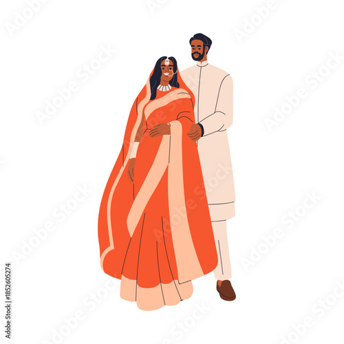 Indian wedding couple. Happy bride and groom from India. Man and woman newlyweds in traditional ethnic outfits for marry, bridal culture ceremony. Flat vector illustration isolated on white background