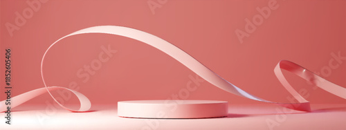 Round podium and ribbon on pink background. Vector realistic illustration of 3d cylinder platform for beauty product presentation, award ceremony stage, breast cancer awareness, promo showroom