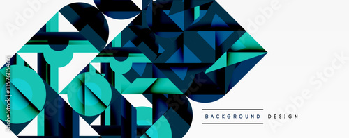 Abstract polygonal design. Blue, teal hues create dynamic geometric composition. Modern background suitable for various projects.