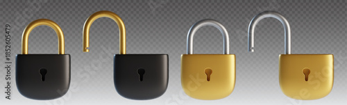 3D lock set with realistic metallic padlocks in open and closed positions. Black and gold secure locker icons with keyhole details, shiny shackles and smooth renders for security concept design.
