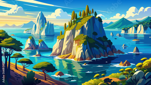 Very beautiful coastal view of Capri’s iconic Faraglioni rock formations rising from the blue sea, surrounded by dramatic cliffs and bright Mediterranean sunlight near the Italian island.