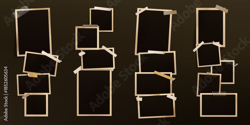 Vintage photo frame set with tape on dark background. Realistic empty picture frames in various sizes attached with scotch strips. Retro collage template for scrapbook, memory album or mockup design.