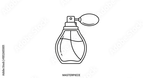 Black and white line art of an elegant perfume bottle with a vintage atomizer spray pump, illustrating fragrance, luxury, and beauty.