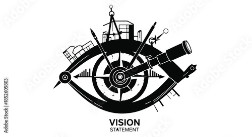 Vision statement concept with eye and business tools in black and white illustration for business strategy and leadership