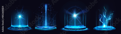Magic portal podium set with glowing blue light effects. Futuristic hologram platforms with neon beams, sparkles and energy rings. Tech stage designs with cyberpunk aura and digital laser displays.